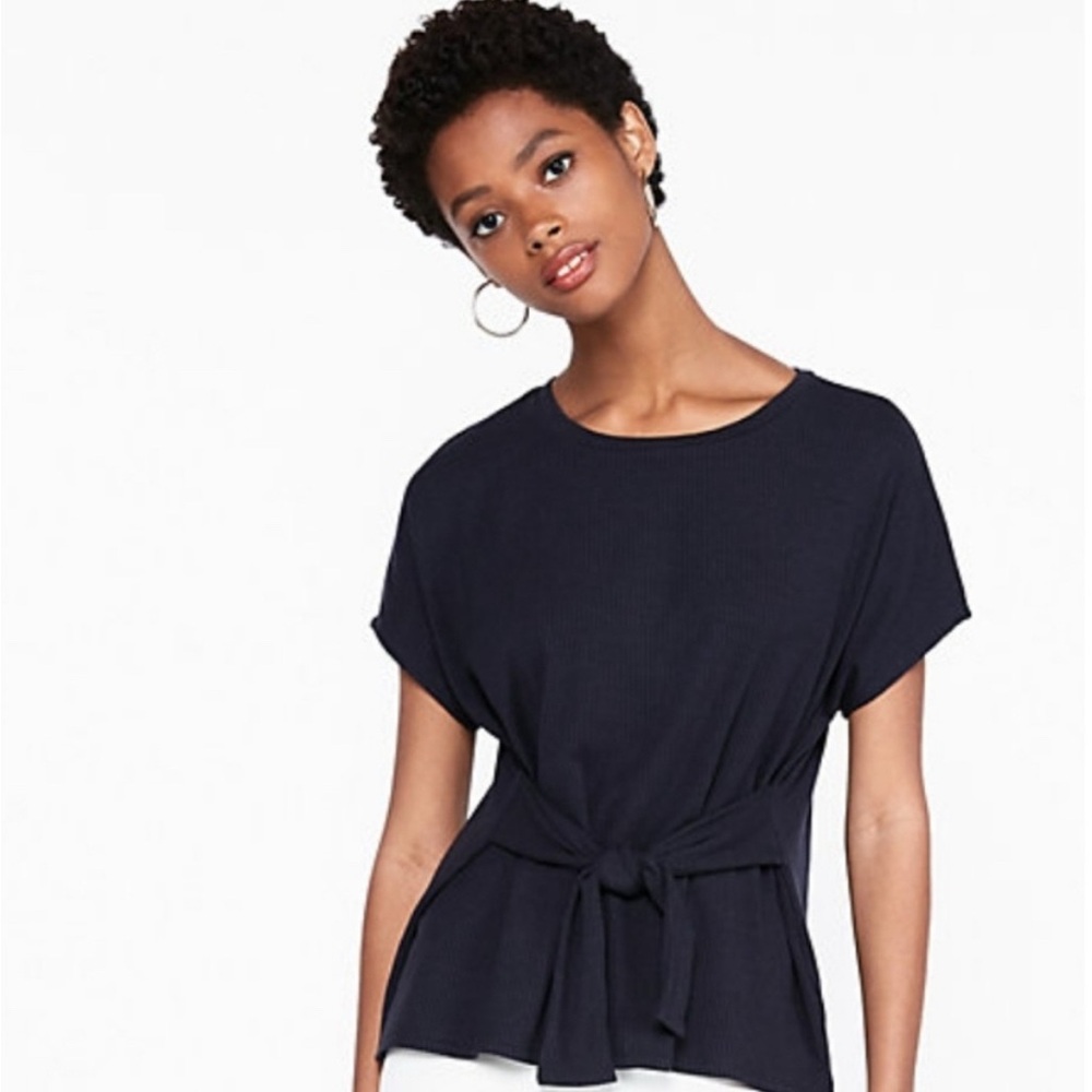 Express Navy Blue Ribbed Tie Front Short Sleeve